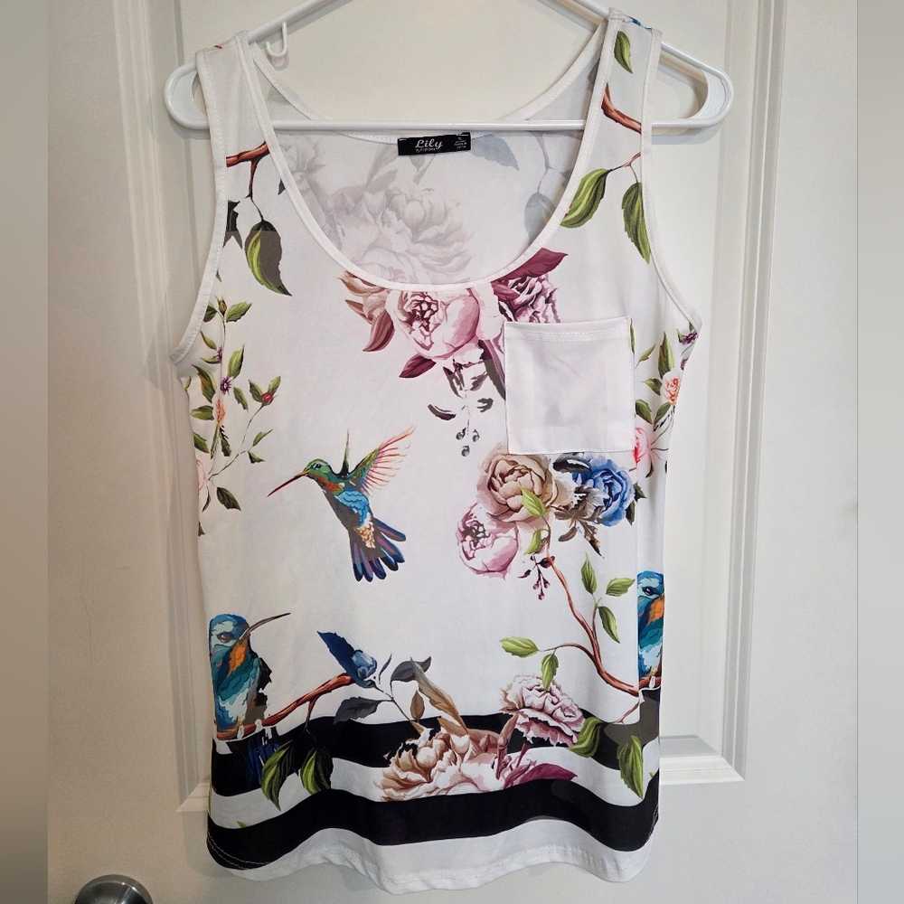 White and Pink Sleeveless Tank Top with Floral Design